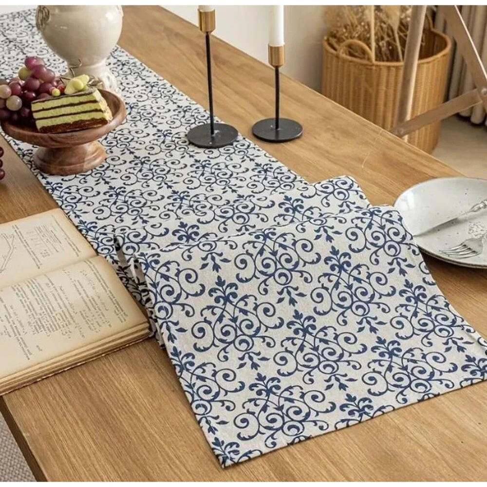 Table Runner 13x108in Beige with Navy Blue design Boho Chic Polyester